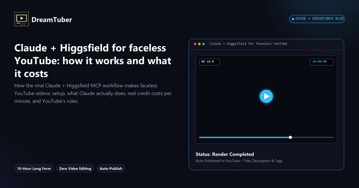 Claude + Higgsfield for faceless YouTube: how it works and what it costs